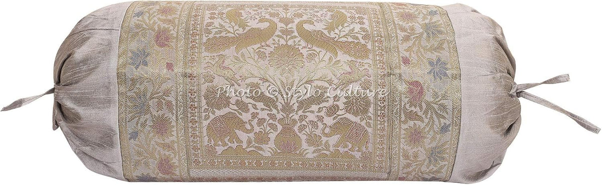 Traditional Polydupion Cylindrical Tube Pillow Bolster Pillow Covers Grey Jacquard Brocade Border Elephant Large Couch Round Cylinder Cushion Covers (Set of 2) | 30x15 Inches (76x38 cm)