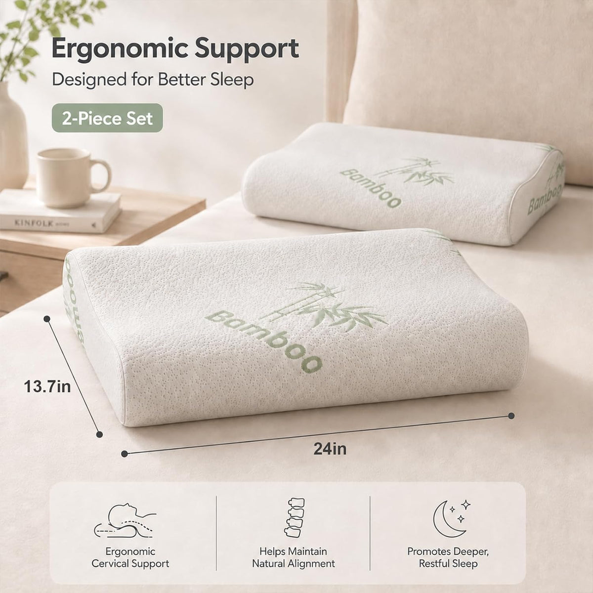2 Pack Cervical Bamboo Pillow for Neck Pain Relief, Memory Foam