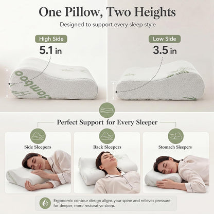 2 Pack Cervical Bamboo Pillow for Neck Pain Relief, Memory Foam