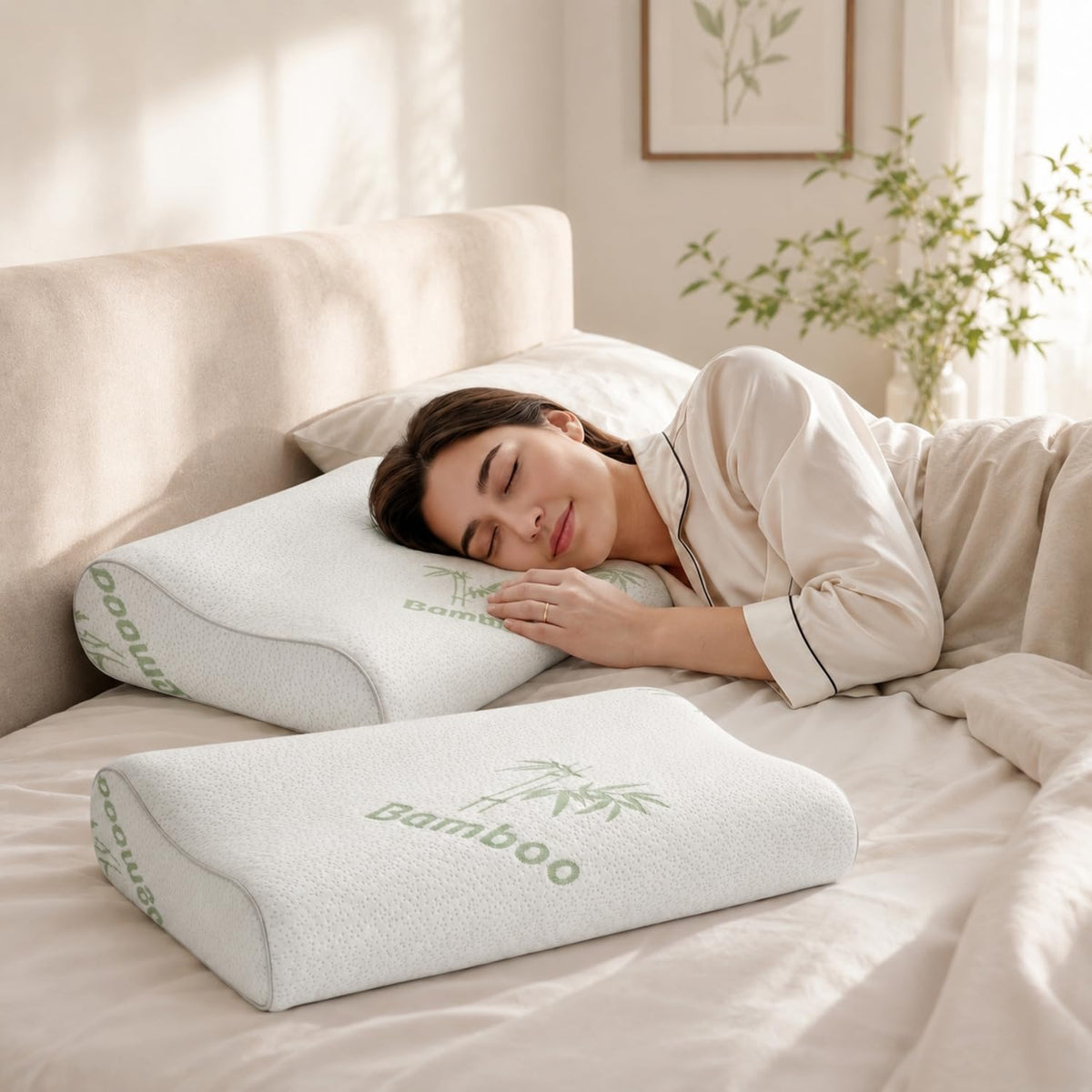 2 Pack Cervical Bamboo Pillow for Neck Pain Relief, Memory Foam