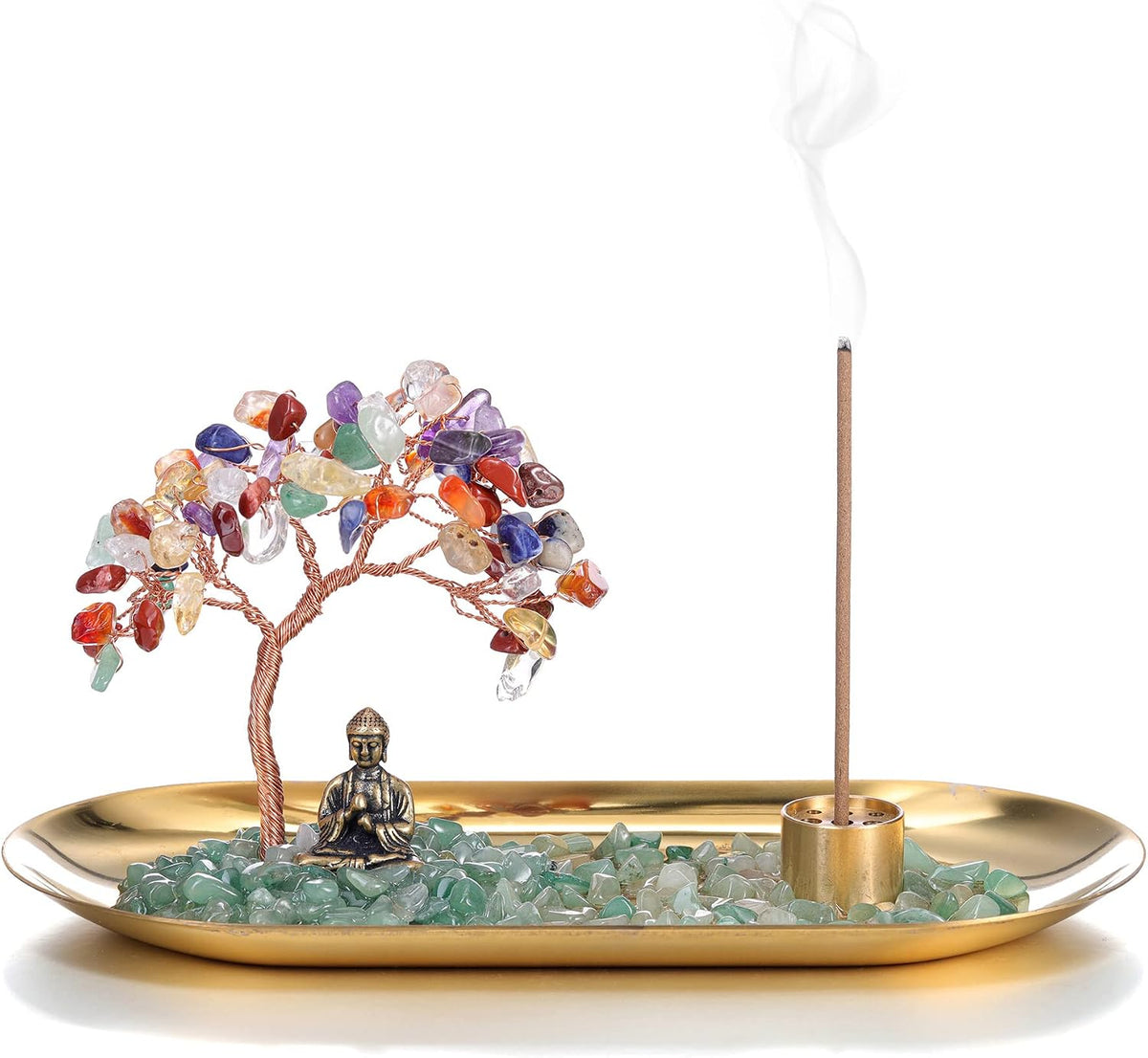 Crystal Incense Holder for Sticks, Healing Crystal Stone Money Tree Buddha Statue Set Incense Burner, Incense Trays for Wealth, Good Luck,Yoga Meditation Home Decor