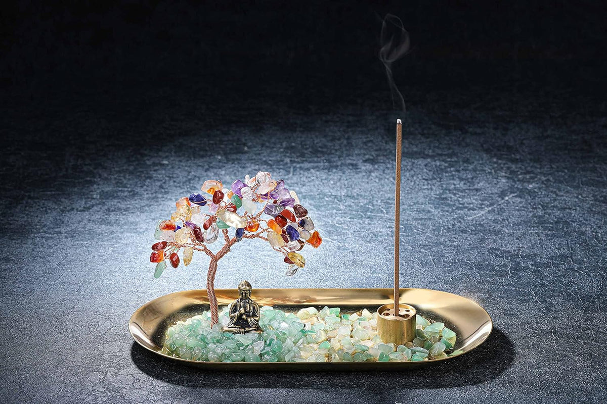 Crystal Incense Holder for Sticks, Healing Crystal Stone Money Tree Buddha Statue Set Incense Burner, Incense Trays for Wealth, Good Luck,Yoga Meditation Home Decor