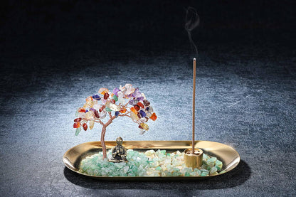Crystal Incense Holder for Sticks, Healing Crystal Stone Money Tree Buddha Statue Set Incense Burner, Incense Trays for Wealth, Good Luck,Yoga Meditation Home Decor