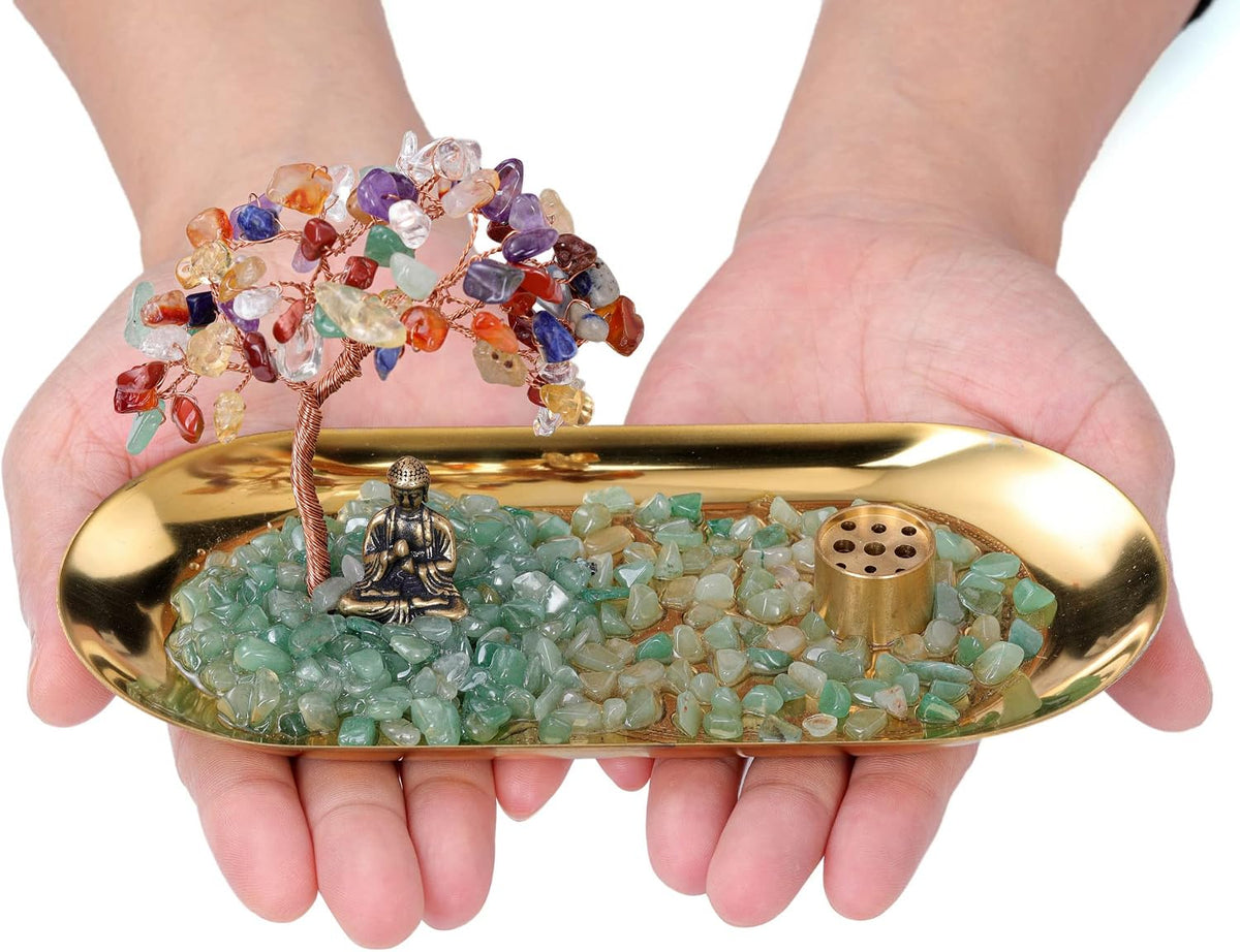 Crystal Incense Holder for Sticks, Healing Crystal Stone Money Tree Buddha Statue Set Incense Burner, Incense Trays for Wealth, Good Luck,Yoga Meditation Home Decor