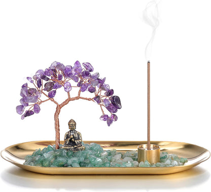 Crystal Incense Holder for Sticks, Healing Crystal Stone Money Tree Buddha Statue Set Incense Burner, Incense Trays for Wealth, Good Luck,Yoga Meditation Home Decor