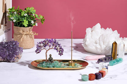Crystal Incense Holder for Sticks, Healing Crystal Stone Money Tree Buddha Statue Set Incense Burner, Incense Trays for Wealth, Good Luck,Yoga Meditation Home Decor
