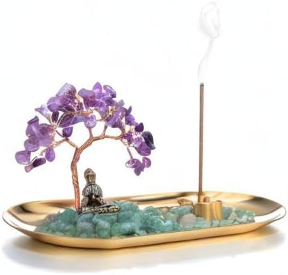 Crystal Incense Holder for Sticks, Healing Crystal Stone Money Tree Buddha Statue Set Incense Burner, Incense Trays for Wealth, Good Luck,Yoga Meditation Home Decor