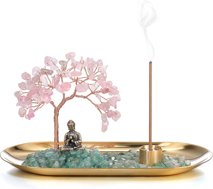 Crystal Incense Holder for Sticks, Healing Crystal Stone Money Tree Buddha Statue Set Incense Burner, Incense Trays for Wealth, Good Luck,Yoga Meditation Home Decor