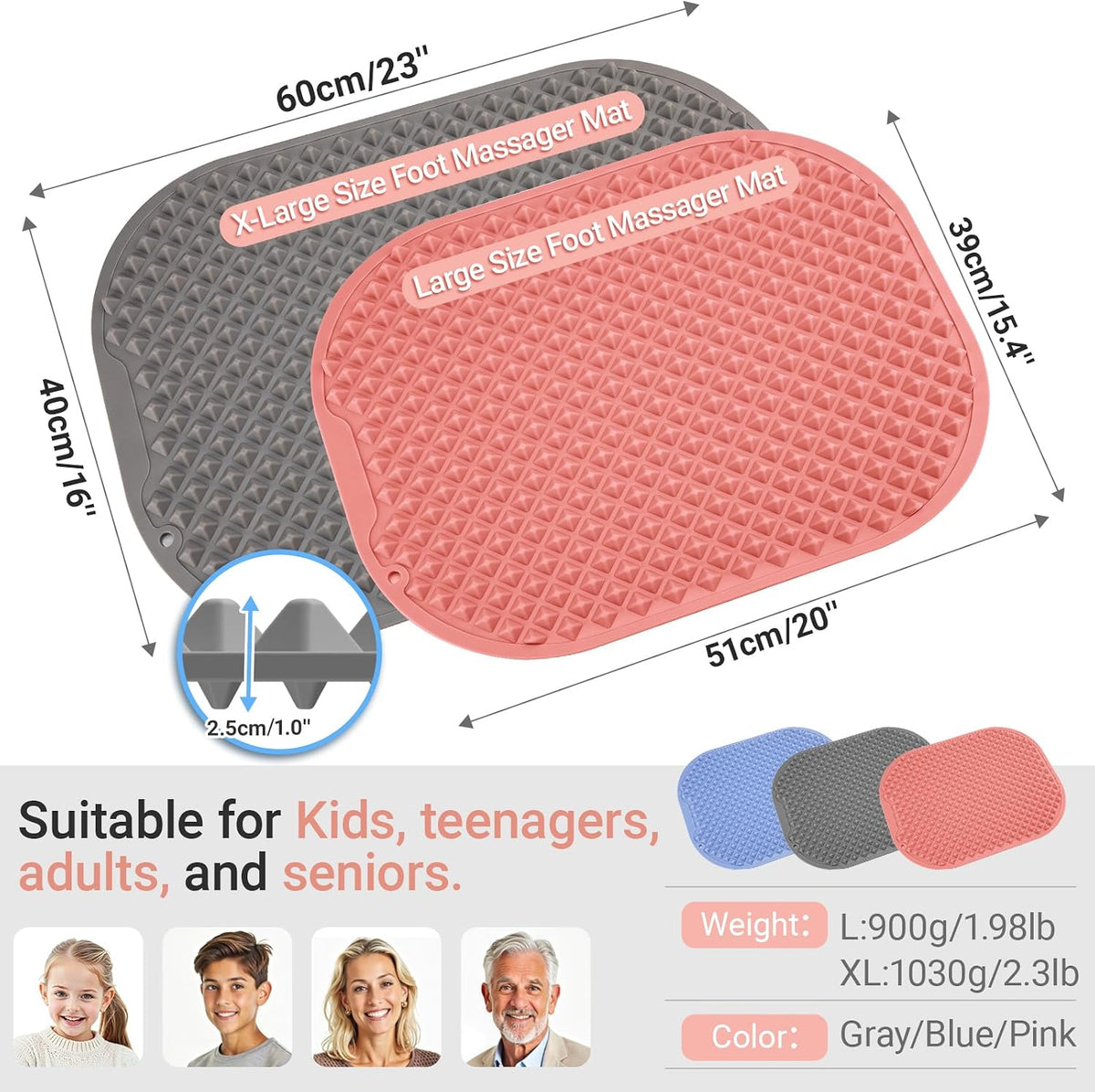 Upgrade Silicone Foot Massager Mat with Dual-Side Usage, Large Reflexology Mat for Feet Relaxation, Foldable Foot Acupressure Mat, Portable Standing Desk Mat for Pain, Fatigue Relief(Gray-L)