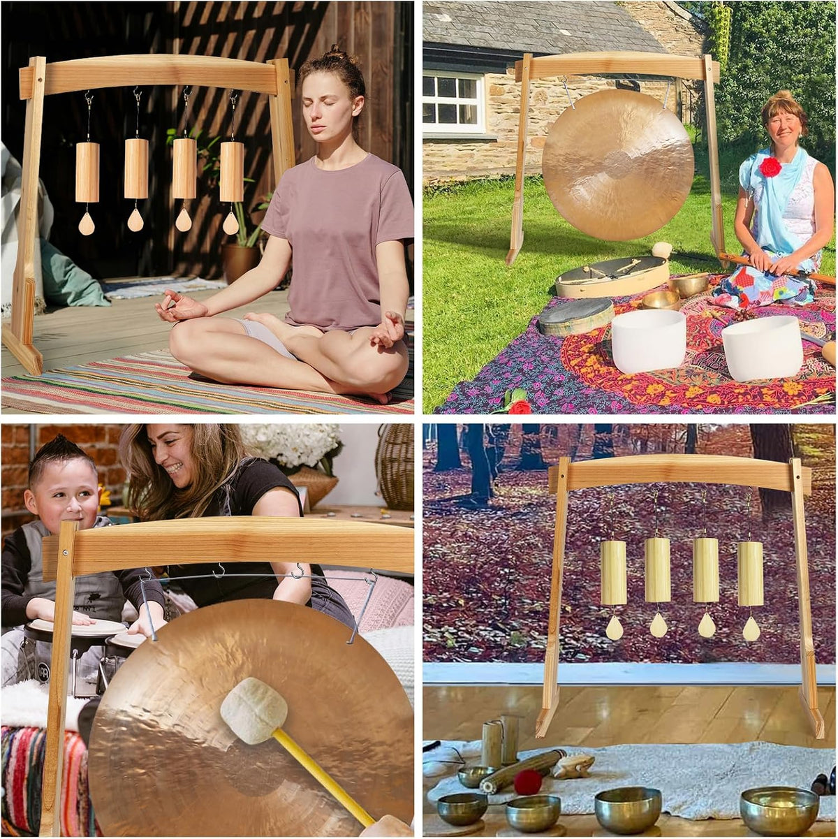14" Gong Stands, Wind Chimes Wood Stand with Base for 1 Gong or 4 Chimes, Light & Portable Multipurpose Stand, Easy Assembly for Sound Healing, Meditation, Yoga