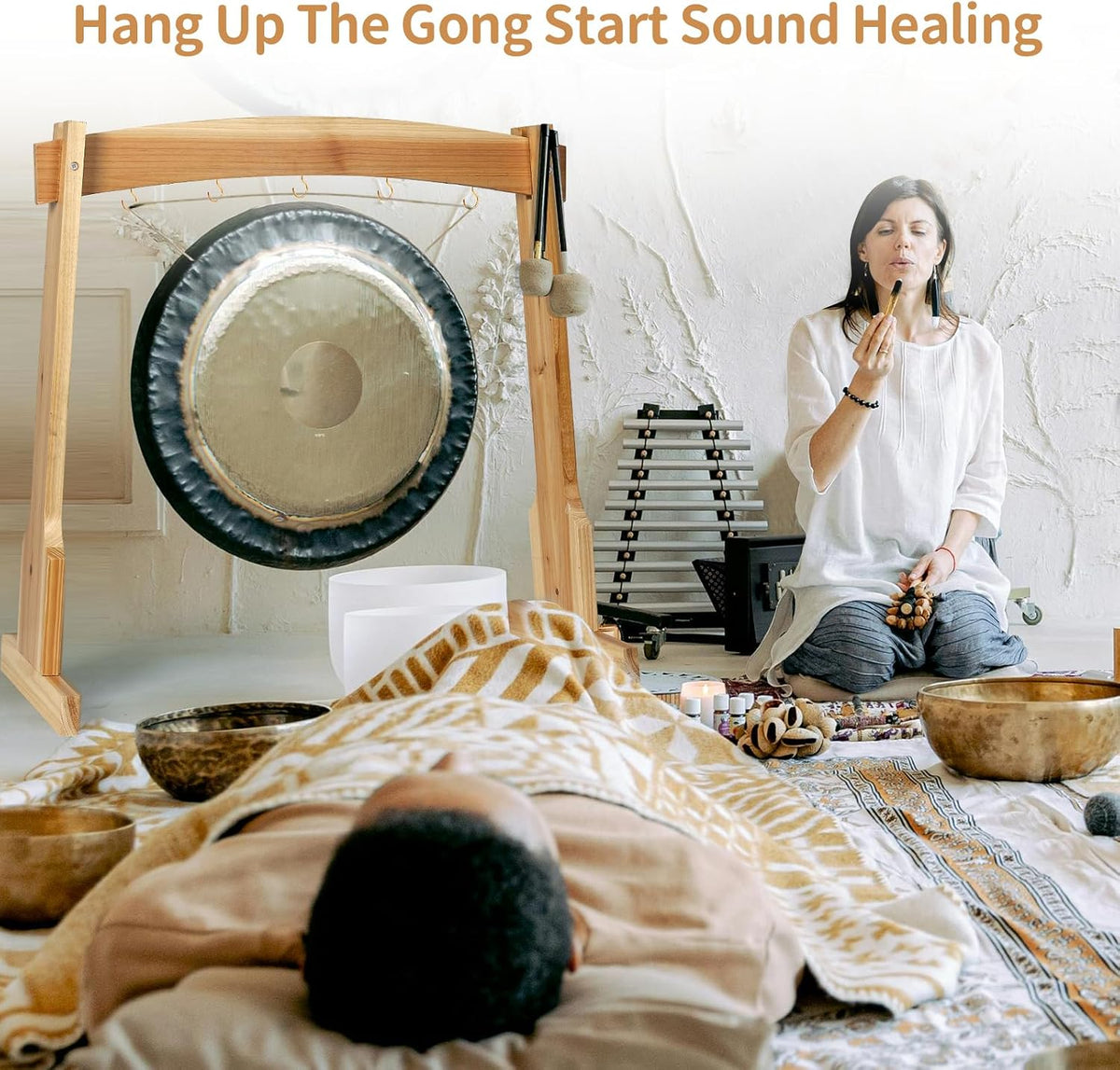 14" Gong Stands, Wind Chimes Wood Stand with Base for 1 Gong or 4 Chimes, Light & Portable Multipurpose Stand, Easy Assembly for Sound Healing, Meditation, Yoga
