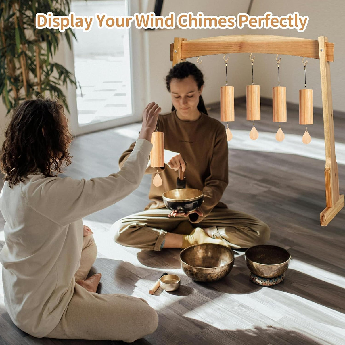 14" Gong Stands, Wind Chimes Wood Stand with Base for 1 Gong or 4 Chimes, Light & Portable Multipurpose Stand, Easy Assembly for Sound Healing, Meditation, Yoga