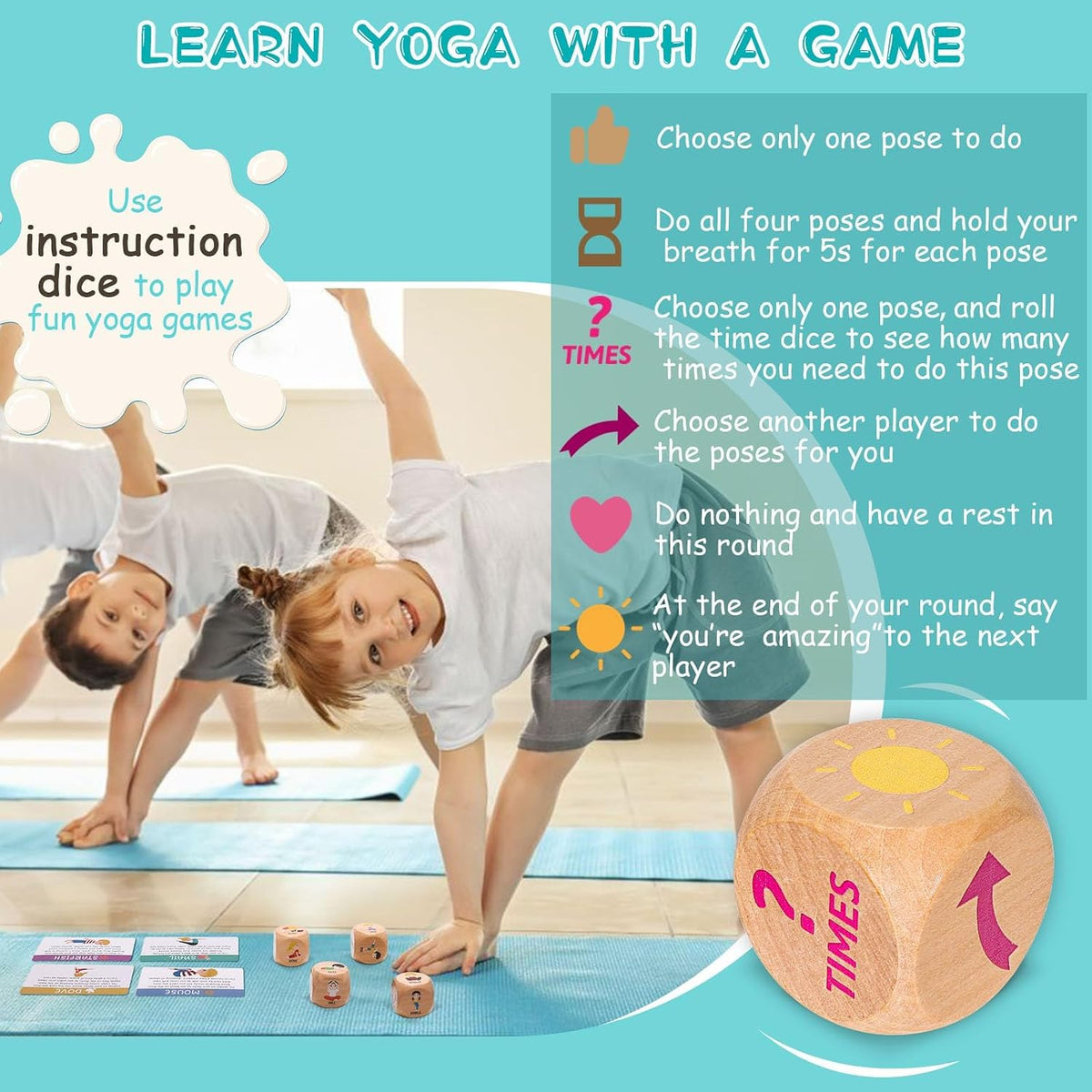 Kids Yoga Dice Set - Yoga Pose Practice Card Set for Kids