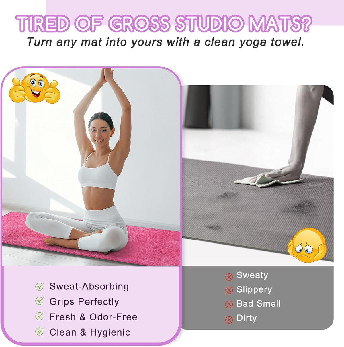 Yoga Mat Towel, Extra Thick (600GSM) Soft Hot Yoga Towel, Non-Slip and Sweat Absorbent for Hot Yoga, Bikram, Pilates, and Fitness, 72" x 27.5", Dual-Color, Grey/Pink