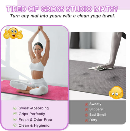 Yoga Mat Towel, Extra Thick (600GSM) Soft Hot Yoga Towel, Non-Slip and Sweat Absorbent for Hot Yoga, Bikram, Pilates, and Fitness, 72" x 27.5", Dual-Color, Grey/Pink