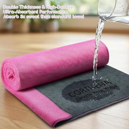 Yoga Mat Towel, Extra Thick (600GSM) Soft Hot Yoga Towel, Non-Slip and Sweat Absorbent for Hot Yoga, Bikram, Pilates, and Fitness, 72" x 27.5", Dual-Color, Grey/Pink