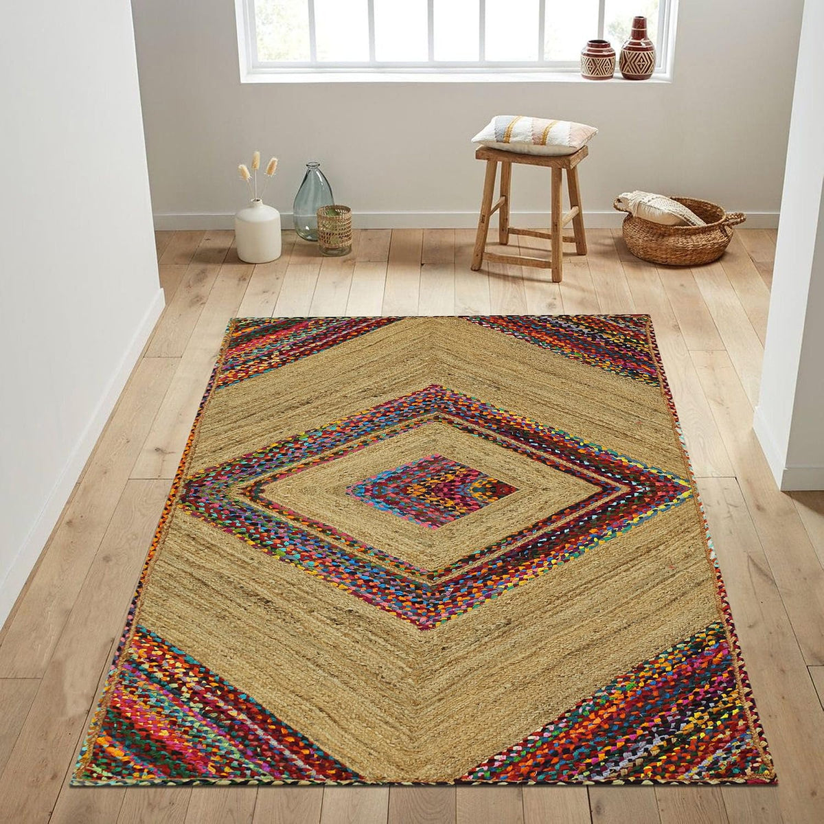 Heavy Material Hand Braided Jute 3x5 Natural Jute Beige Multi Geometric Design Hand Woven Rug Flatweave Area Carpet Indoor Outdoor Rugs for Kitchen Garden Yoga Mat - Colors A