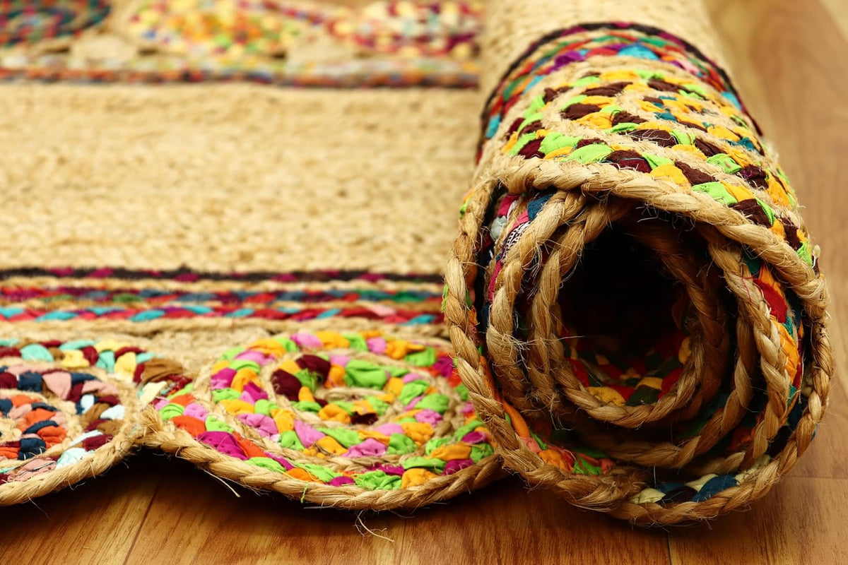 Heavy Material Hand Braided Jute 3x5 Natural Jute Beige Multi Geometric Design Hand Woven Rug Flatweave Area Carpet Indoor Outdoor Rugs for Kitchen Garden Yoga Mat - Colors A