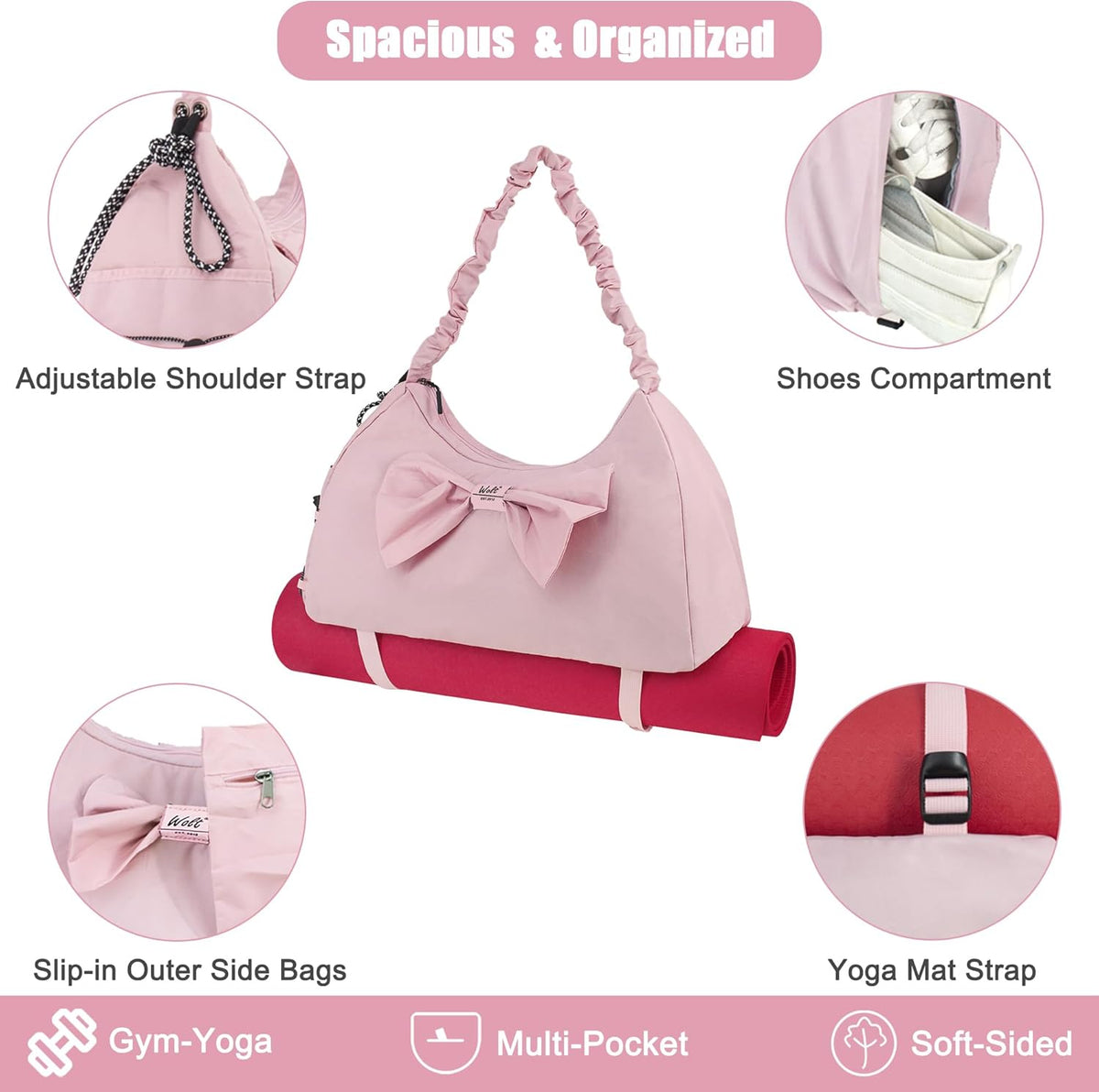 Gym Bag For Women, Yoga Mat Bag with Shoes Compartment, Wet Pocket and Water Bottle Pocket