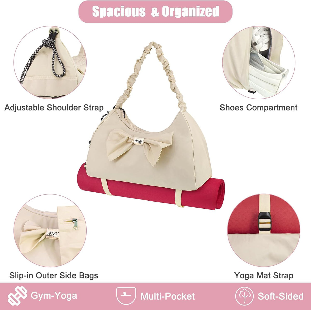 Gym Bag For Women, Yoga Mat Bag with Shoes Compartment, Wet Pocket and Water Bottle Pocket