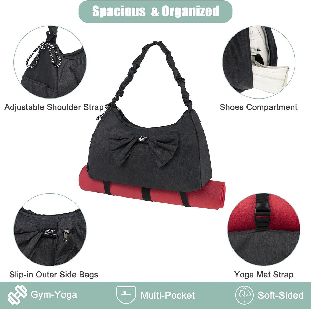 Gym Bag For Women, Yoga Mat Bag with Shoes Compartment, Wet Pocket and Water Bottle Pocket