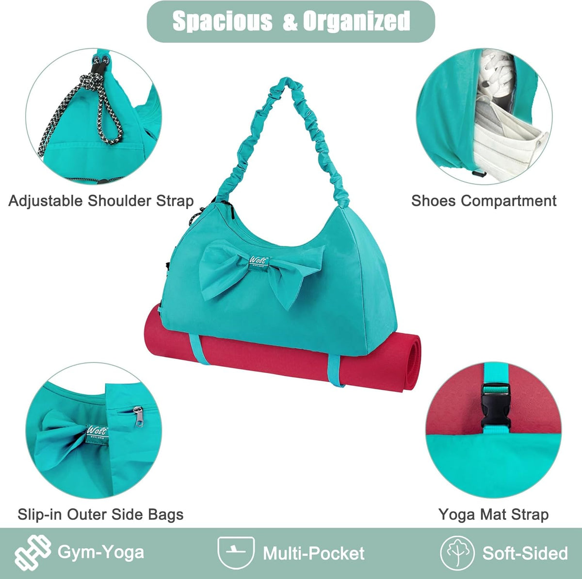 Gym Bag For Women, Yoga Mat Bag with Shoes Compartment, Wet Pocket and Water Bottle Pocket
