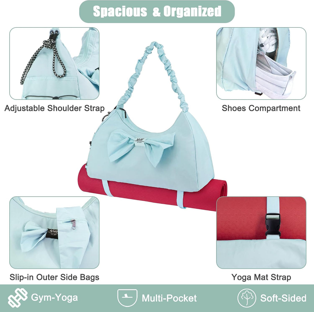 Gym Bag For Women, Yoga Mat Bag with Shoes Compartment, Wet Pocket and Water Bottle Pocket