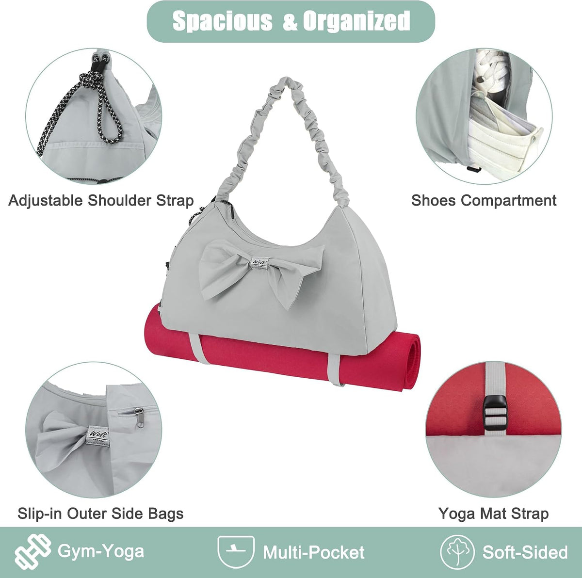 Gym Bag For Women, Yoga Mat Bag with Shoes Compartment, Wet Pocket and Water Bottle Pocket