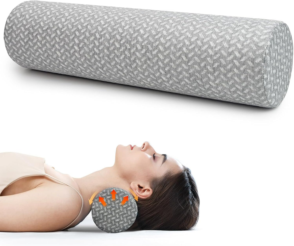 Cervical Neck Roll Pillow, Foam Round Bolster Pillow, Cylinder Pillows with Removable Washable Cover for Sleeping, Bed, Legs, Back, Yoga, Travel, Home, Office (Gray Style 2, 4.7inch H X 17inche L)