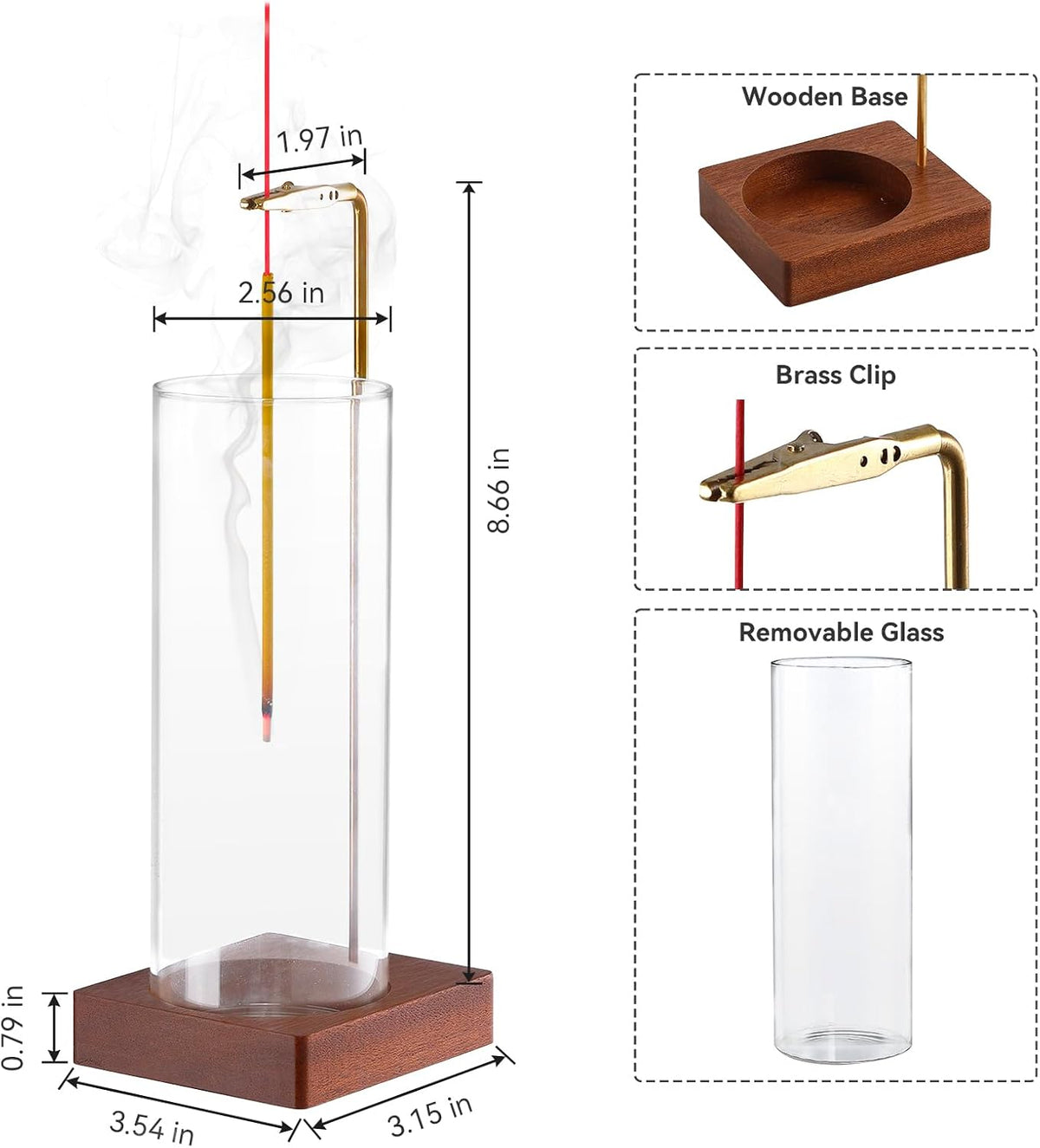 Wooden Incense Holder for Sticks, Ash Catcher with Removable Glass