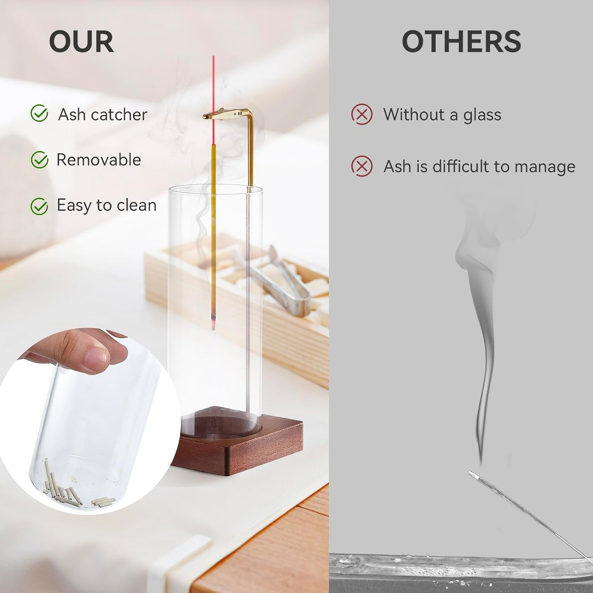 Wooden Incense Holder for Sticks, Ash Catcher with Removable Glass