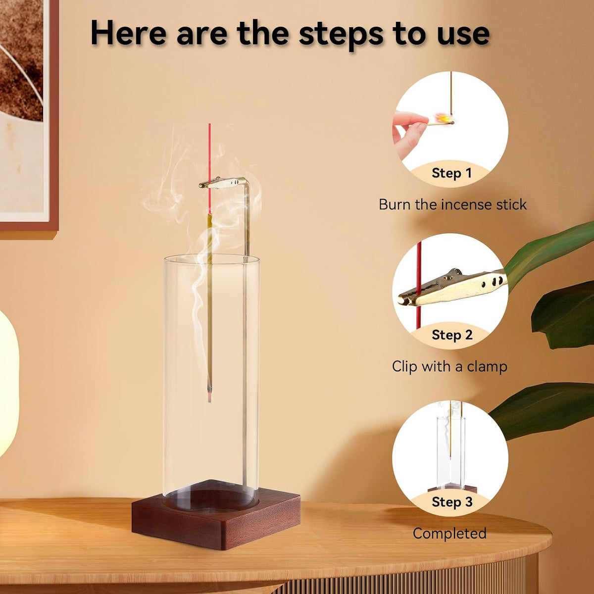Wooden Incense Holder for Sticks, Ash Catcher with Removable Glass