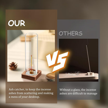 Wooden Incense Holder for Sticks, Ash Catcher with Removable Glass