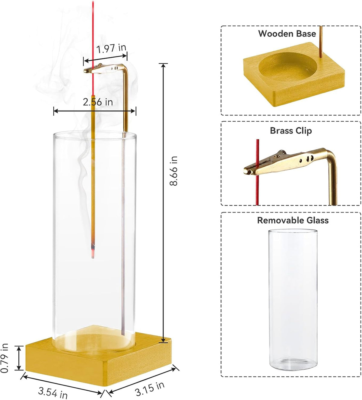 Wooden Incense Holder for Sticks, Ash Catcher with Removable Glass