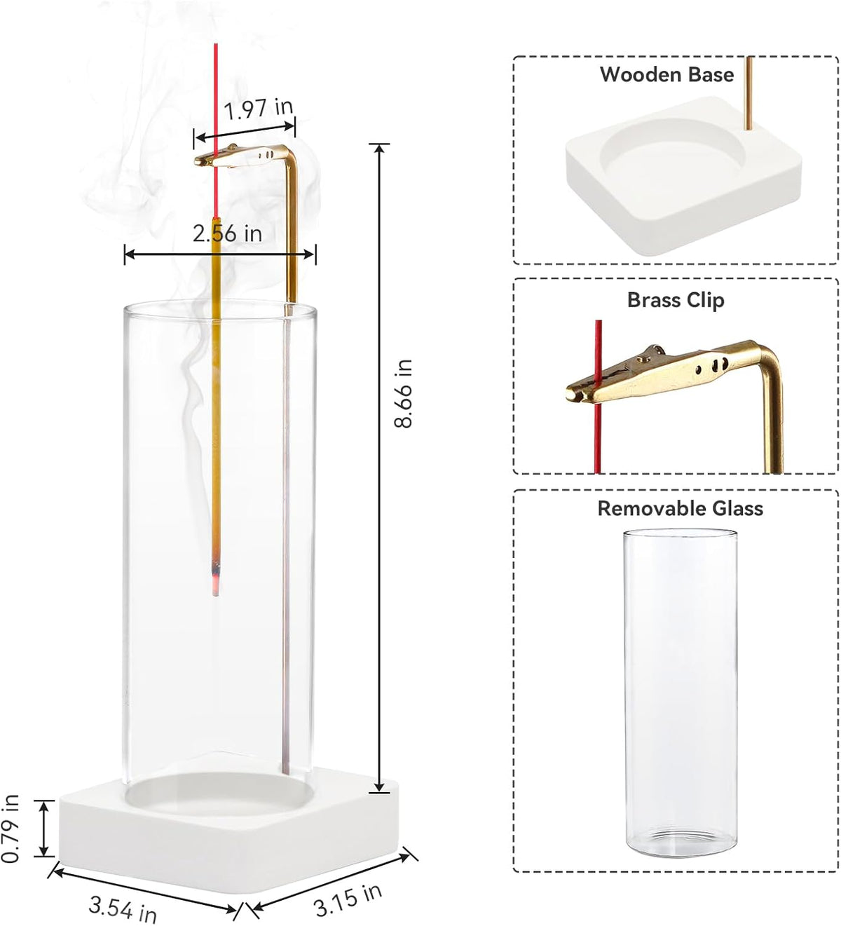 Wooden Incense Holder for Sticks, Ash Catcher with Removable Glass