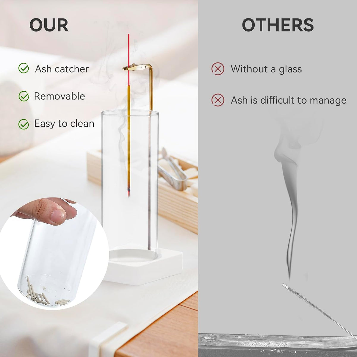 Wooden Incense Holder for Sticks, Ash Catcher with Removable Glass