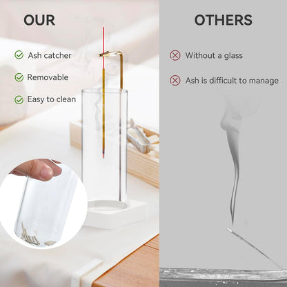Wooden Incense Holder for Sticks, Ash Catcher with Removable Glass