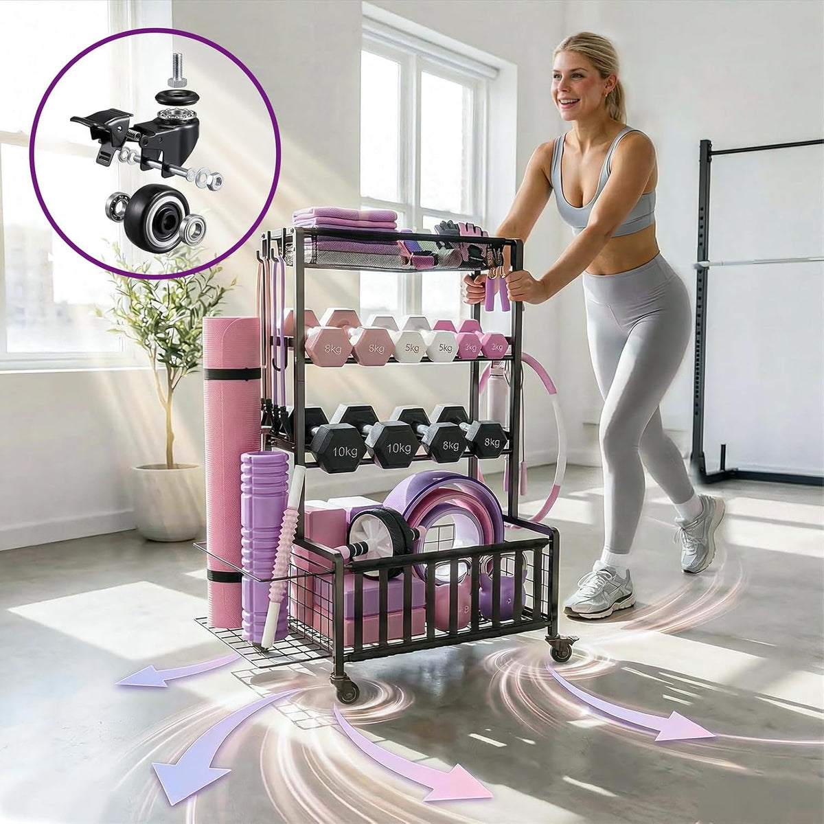 Dumbbell Rack, Home Gym Storage Rack, Adjustable Weight Rack Organizer with Wheels & Hooks, Heavy Duty Gym Equipment Storage, Workout Storage Organizer for Garage Gym