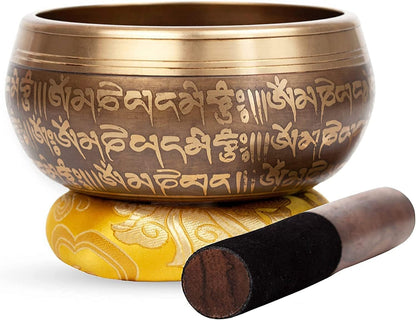Large Tibetan Singing bowl Set - Bronze Style - Easy To Play - 5" Sound Yoga Bowl Mantra Design Mindfulness Meditation Healing Sound Gift