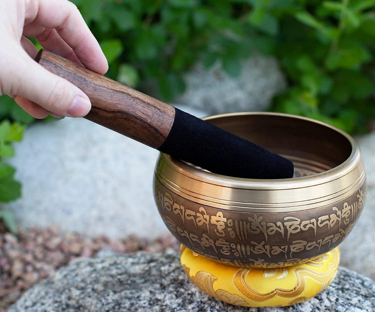 Large Tibetan Singing bowl Set - Bronze Style - Easy To Play - 5" Sound Yoga Bowl Mantra Design Mindfulness Meditation Healing Sound Gift