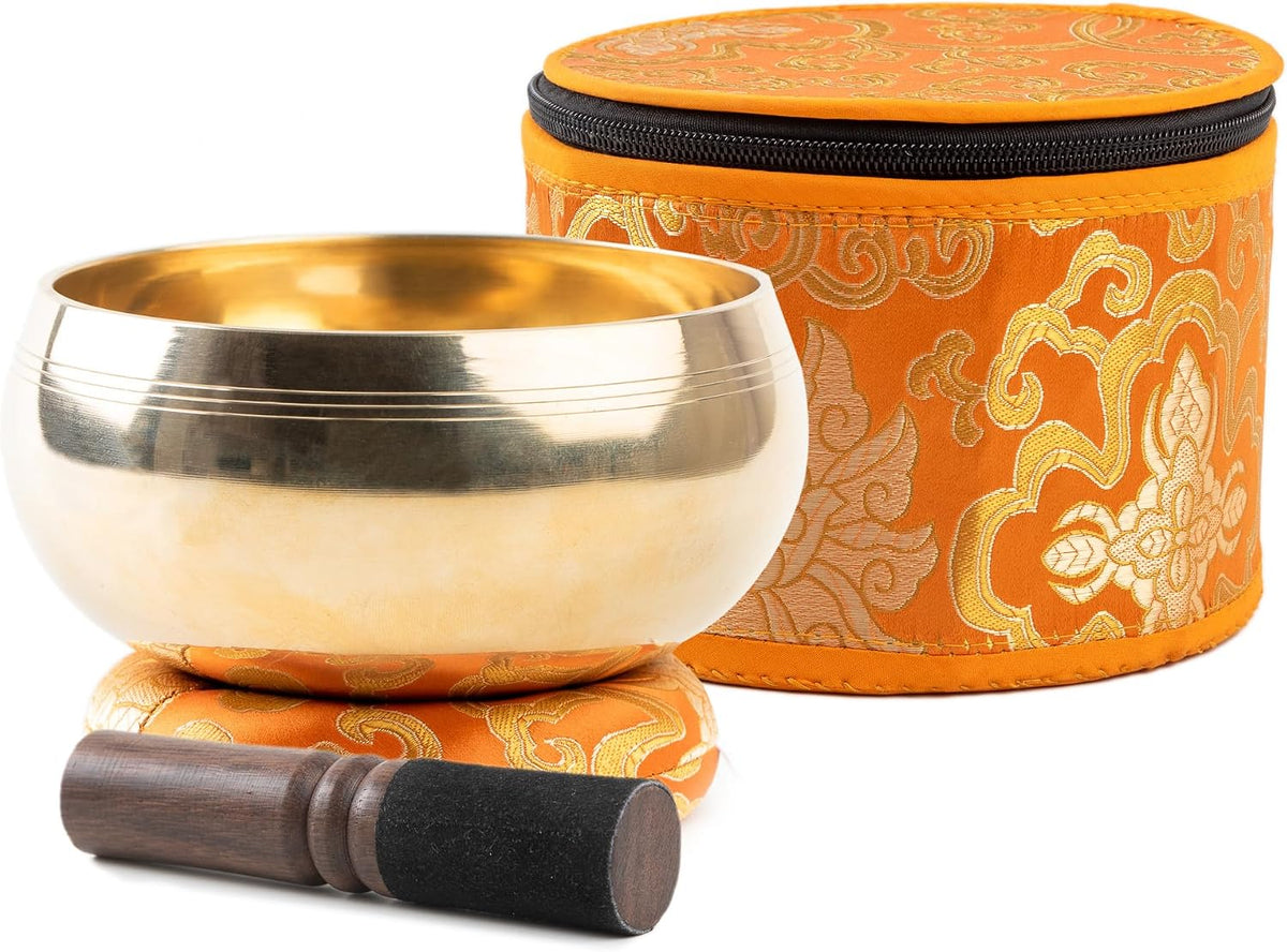 Large Tibetan Singing bowl Set - Bronze Style - Easy To Play - 5" Sound Yoga Bowl Mantra Design Mindfulness Meditation Healing Sound Gift