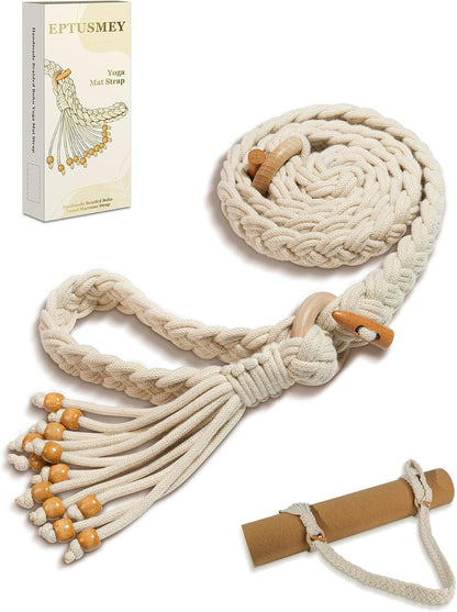 Yoga Mat Straps for Carrying, Handmade Braided Boho Bead Tassel Macrame Strap, Adjustable Thick Yoga Mat Carrier/Holder/Organizing, Stretching Band, Gifts for Women (Mat Not Included)