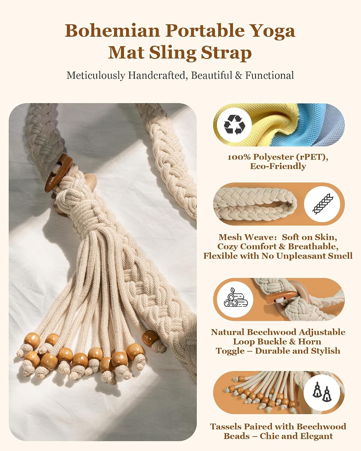 Yoga Mat Straps for Carrying, Handmade Braided Boho Bead Tassel Macrame Strap, Adjustable Thick Yoga Mat Carrier/Holder/Organizing, Stretching Band, Gifts for Women (Mat Not Included)