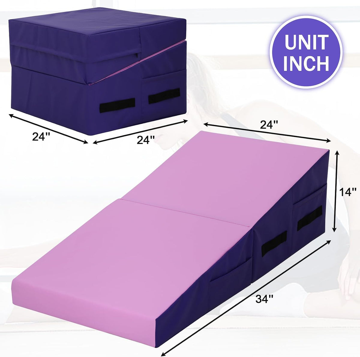 Gymnastics Mat 34”X24”X14” Incline Tumbling Mats for Home Gym, Folding Exercise Mat Cheese Wedge Mat with Non-Slip PVC Surface & Handles for Kid Adults Workout