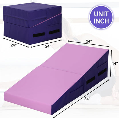 Gymnastics Mat 34”X24”X14” Incline Tumbling Mats for Home Gym, Folding Exercise Mat Cheese Wedge Mat with Non-Slip PVC Surface & Handles for Kid Adults Workout