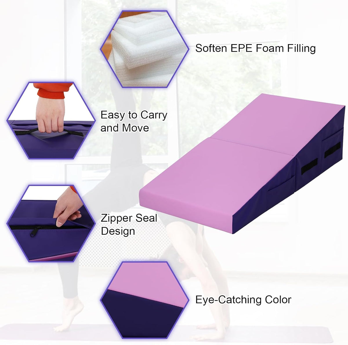 Gymnastics Mat 34”X24”X14” Incline Tumbling Mats for Home Gym, Folding Exercise Mat Cheese Wedge Mat with Non-Slip PVC Surface & Handles for Kid Adults Workout