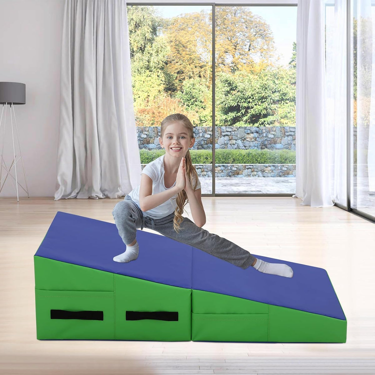 Gymnastics Mat 34”X24”X14” Incline Tumbling Mats for Home Gym, Folding Exercise Mat Cheese Wedge Mat with Non-Slip PVC Surface & Handles for Kid Adults Workout