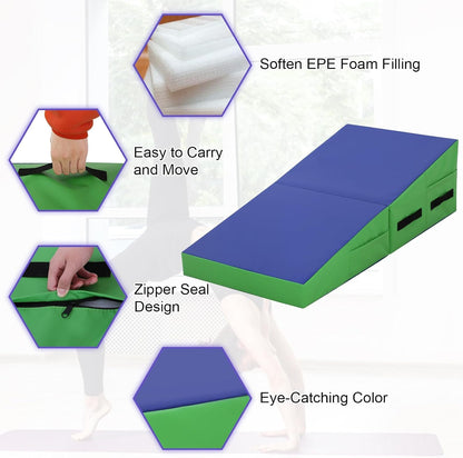 Gymnastics Mat 34”X24”X14” Incline Tumbling Mats for Home Gym, Folding Exercise Mat Cheese Wedge Mat with Non-Slip PVC Surface & Handles for Kid Adults Workout