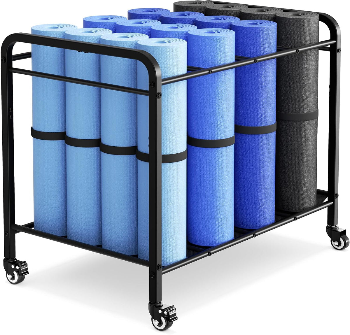 Heavy-Duty Rolling Yoga Mat Storage Cart, Holds 16+ Mats, Commercial-Grade Floor-Standing Metal Yoga Mat Rack for Gym,Fitness Classes, Yoga Studio & Home Gym, Black