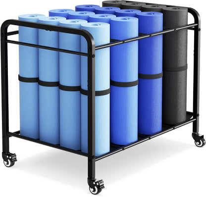 Heavy-Duty Rolling Yoga Mat Storage Cart, Holds 16+ Mats, Commercial-Grade Floor-Standing Metal Yoga Mat Rack for Gym,Fitness Classes, Yoga Studio & Home Gym, Black